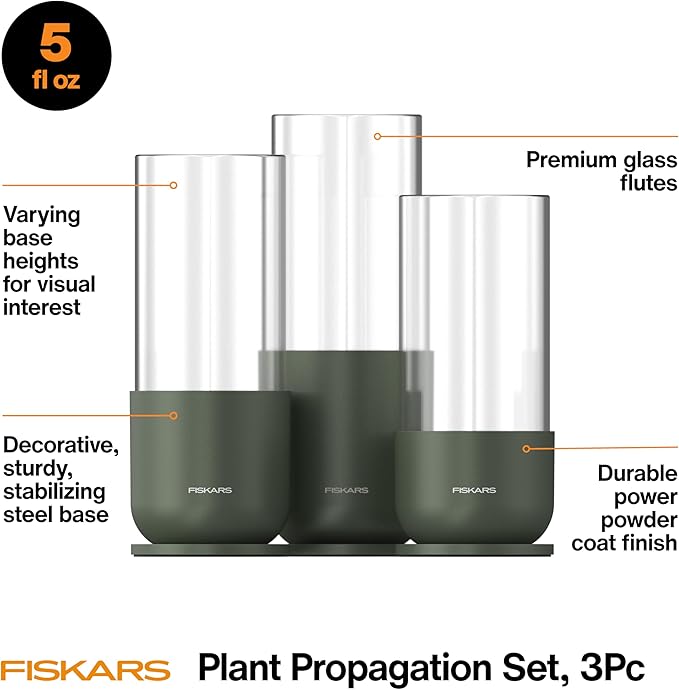 Fiskars Plant Propagation Set, 3 Pieces – Decorative Glass Propagation Vases with Metal Bases for Rooting Plant Cuttings and Hydroponic Displays