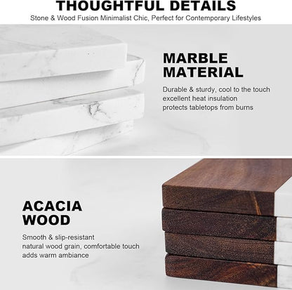 Marble Coasters: 4-Piece Set of Acacia Wood Marble Coasters, Suitable for Kitchens, Offices, and can be Used as Gifts