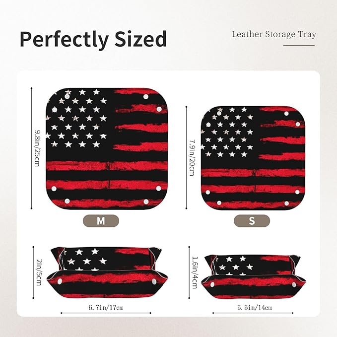 Valet Tray for Men Husband Boyfriend Boys – Catchall Bedside Vanity Tray, Nightstand Caddy Leather Holder for Keys, Phone, Wallet, Coins, Trinkets & Jewelry Black Red American Flag 015