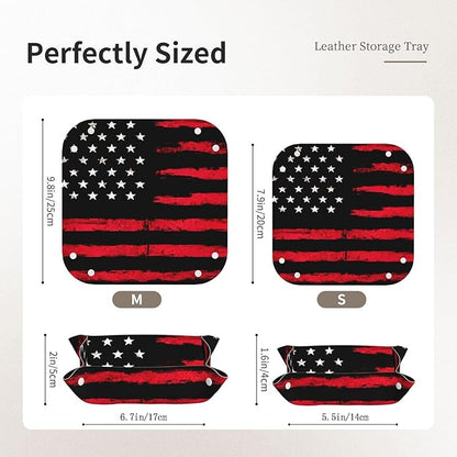 Valet Tray for Men Husband Boyfriend Boys – Catchall Bedside Vanity Tray, Nightstand Caddy Leather Holder for Keys, Phone, Wallet, Coins, Trinkets & Jewelry Black Red American Flag 015
