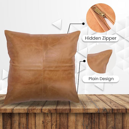 LL LEATHER LOVERS Lambskin Leather Pillow Cover - Sofa Cushion Case - Decorative Throw Covers for Living Room & Bedroom, 14x14 Inches - Gold Beige Plain (01) Pack of 2
