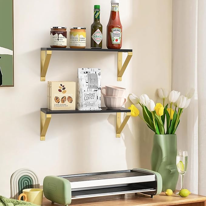 Gold Black Floating Shelves Wall Mounted Set of 2, 8mm Transparent Acrylic, Invisible Wall Shelves for Bedroom, Living Room, Bathroom, Kitchen, Office Display Decor (13in)