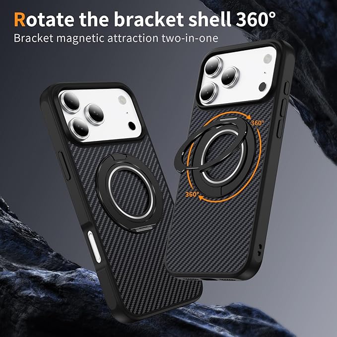 Mag-Stand Carbon Fiber Case for iPhone 17 Pro, 360° Rotate Magnetic Stand, Compatible with MagSafe, 15FT Military Protection, Slim Shockproof Magnetic Kickstand Mag Phone Case for Men Women