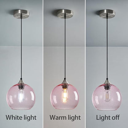 Pink Glass Pendant Lights Kitchen Island Lighting Globe Pendant Light Fixtures Modern Pendant Lighting for Bedroom Living Dining Room Light Fixture (7.87 in, 2 Pack)