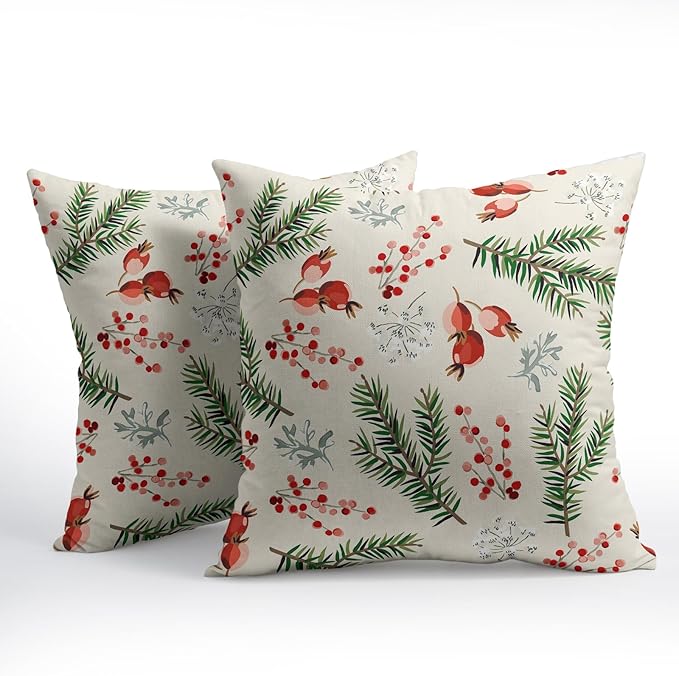 Beige Christmas Pillow Covers 22x22 Set of 2 Green Red Xmas Berries Twigs Rustic Decorative Outdoor Farmhouse Zipper Pillowcases Decorations Winter Holiday Throw Cushion Cover Decor for Couch Sofa Bed