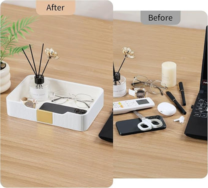 Valet Tray Desktop Storage Organizer, PU Leather Catchall Bedside Vanity Tray with Brass Accents Block Nightstand Organizer for Keys Watch Wallet Phone, Decorative Nightstand Storage (White)