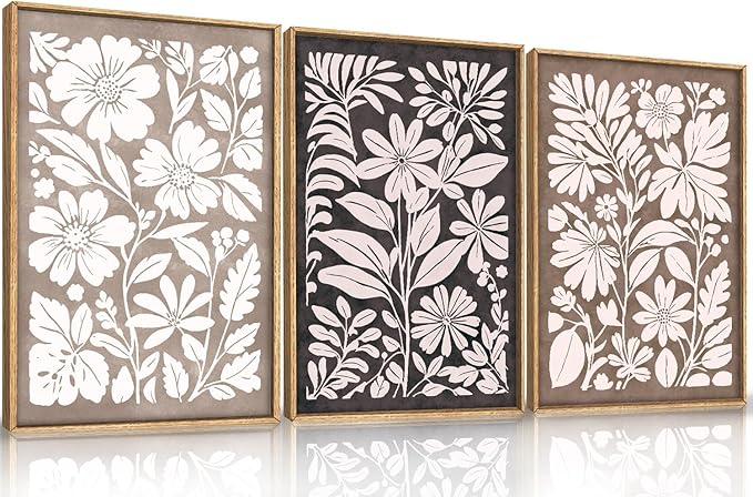 HLNIUC Black Brown Botanical Flower Wall Art Framed, Neutral Minimalist Wildflower Wall Decor set of 3 (16"x24"), Rustic Farmhouse Grey Canvas Painting, Nature Prints for Living Room, Bedroom, Office