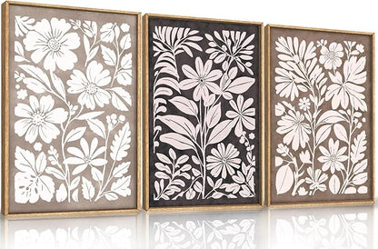 HLNIUC Black Brown Botanical Flower Wall Art Framed, Neutral Minimalist Wildflower Wall Decor set of 3 (16"x24"), Rustic Farmhouse Grey Canvas Painting, Nature Prints for Living Room, Bedroom, Office