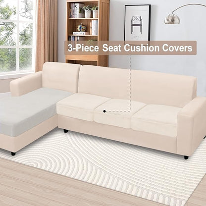 NAISI Couch Cushion Covers 3 Pieces Velvet Stretch Sofa Seat Covers or Backrest Covers Soft Individual Couch Covers for Sectional Sofa(3 Pcs for 3-Seat Cushion,Beige)