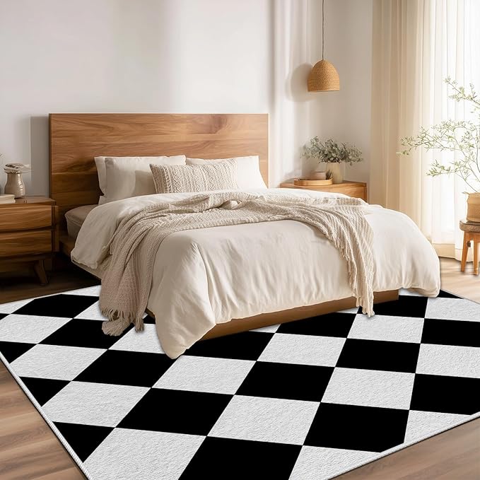 Checkered Rug, Black White Rug, Washable Rugs 4x5, Geometric Rhombus Plaid Area Rugs, Grid Gingham Carpet for Living Room Non Slip Home Decor