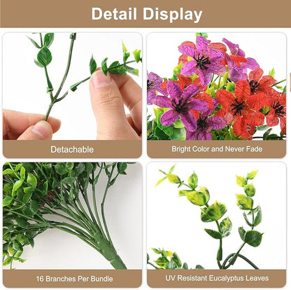 Artificial Hanging Flowers for Outdoors, 2 Pcs Fake Hanging Plant Spring Summer Decor, UV Resistant No Fade Realistic Faux Flower for Front Door Porch Planter Patio Garden Yard(Red Purple)