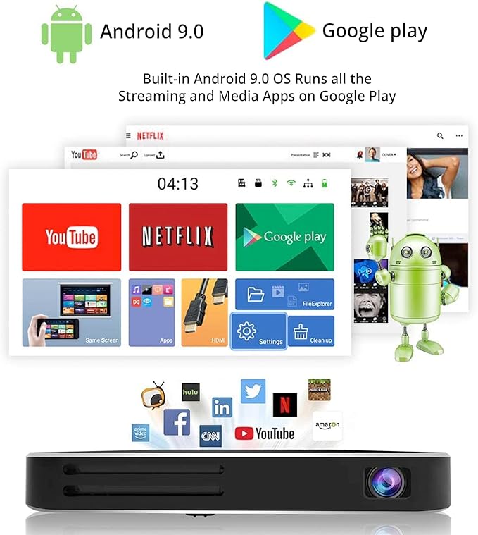 AKASO WT50 Mini Projector with WiFi and Bluetooth, 1080P DLP Portable Movie Projector Home and Outdoor, Built-in Battery & Android System, Cookie Projector for iPhone and Phone