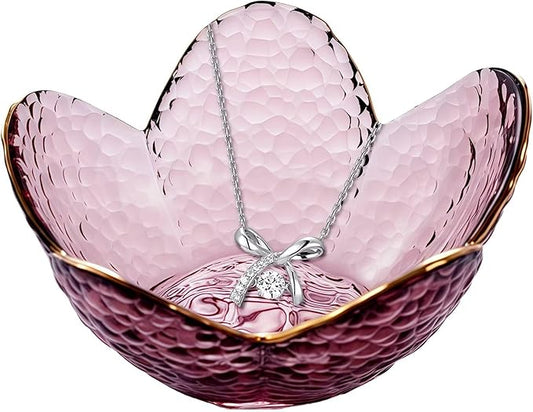 Small Purple Flower Jewelry Dish, Glass Jewelry Ring Tray Trinket Bowl, Nightstand Decor Ring Holder for Women, Wedding, Birthday, Mother's Day Gifts for Women