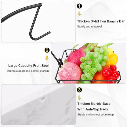 Livabber Countertop Fruit Basket Bowl with Banana Hanger, Modern Standing Fruit Vegetable Bowl Storage, with Banana Tree Holder for Kitchen Dinning Table (Square Marble, Black)