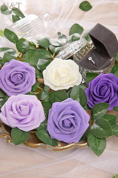 N&T NIETING Artificial Flowers, 25pcs Fake Flowers Rose with Stems Perfect for DIY Wedding Bridesmaid Bridal Bouquets Centerpieces Home Flower Arrangement Decoration, Series Purple