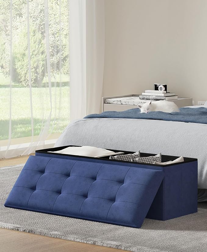 Folding Storage Ottoman Bench, Multi-Functional Ottoman Foot Rest, End of Bed Bench, Storage Chest for Living Room, Bedroom, Hallway, Entryway, Holds Up to 600 lbs (Navy Blue, 43 Inches)