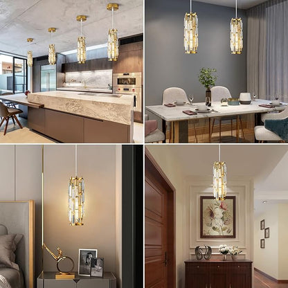LMQNINE Pendant Lighting Modern Pendant Light, Mini Crystal Chandeliers,Adjustable Pendant Light Fixture for Kitchen Island Dinning Room Bedroom (Gold, 1-Light)