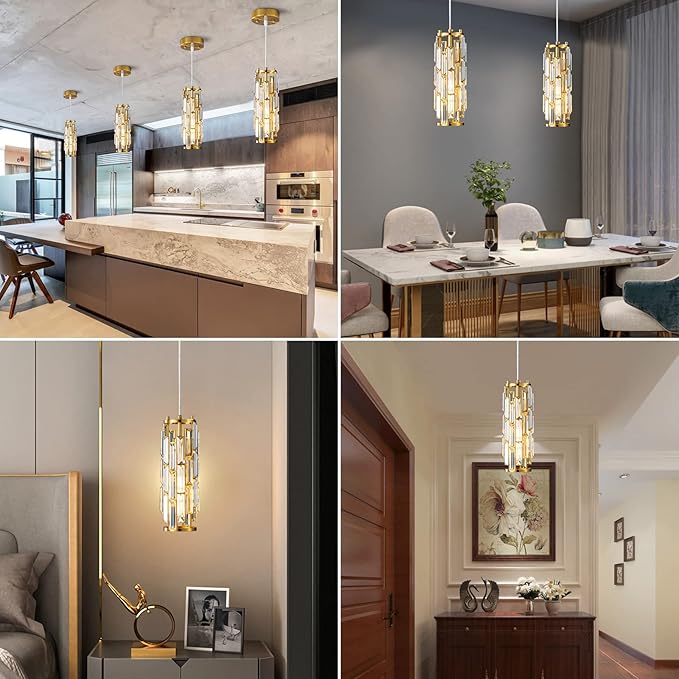 Pendant Lights Modern Gold Pendant Light Mini Crystal Chandelier Pendant Lighting for Kitchen Island Dinning Room Bedroom Kitchen Sink Lighting (Gold 2-Pack)