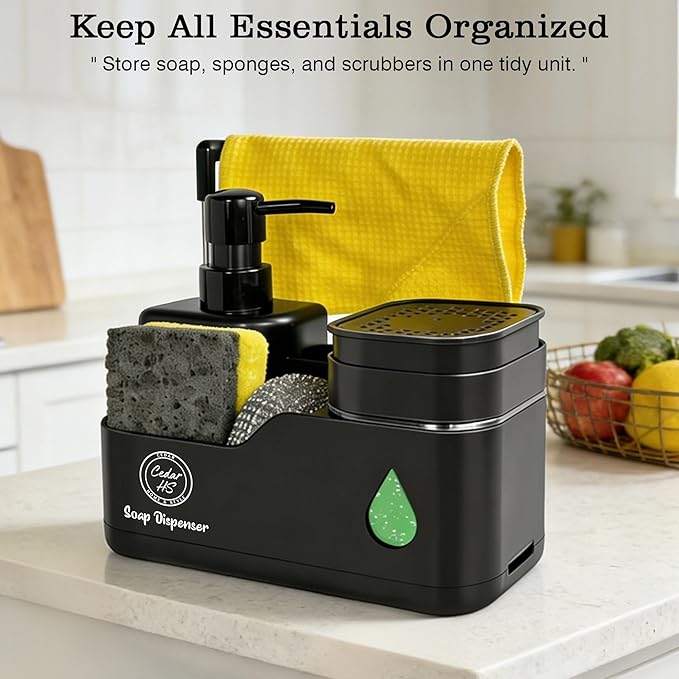 Kitchen Hand and Dish Soap Dispenser Set (Black) – Dual Pump Bottles with Sponge Caddy, Brush Holder, Towel Bar & Drain Rack – Space-Saving Countertop Organizer for Sink & Bathroom