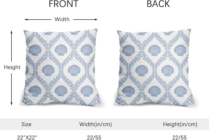 Light Blue Coastal Pillow Covers 22x22 Set of 2 Ocean Coral Shell Pattern Outdoor Decorative Linen Summer Throw Pillows Cases with Zipper Cushion Cover Rustic Decoration Farmhouse Sofa Couch Bed Decor