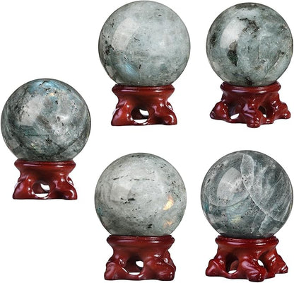 SUNYIK Natural Labradorite Ball Sphere with Resin Stand Polished Crystal Sphere Stone Figurine Decor for Home Office Tabletop, 2-2.3"(51-60mm)
