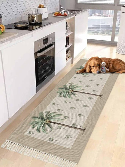 Tropical Palm Tree Runner Rug 2X4 Ft Entryway Outdoor Indoor Mat, Washable Woven Brown Summer Beach Plant Throw Carpet with Tassel, Non-Shedding Farmhouse Retro Green Botanical Hallway Bath Mats