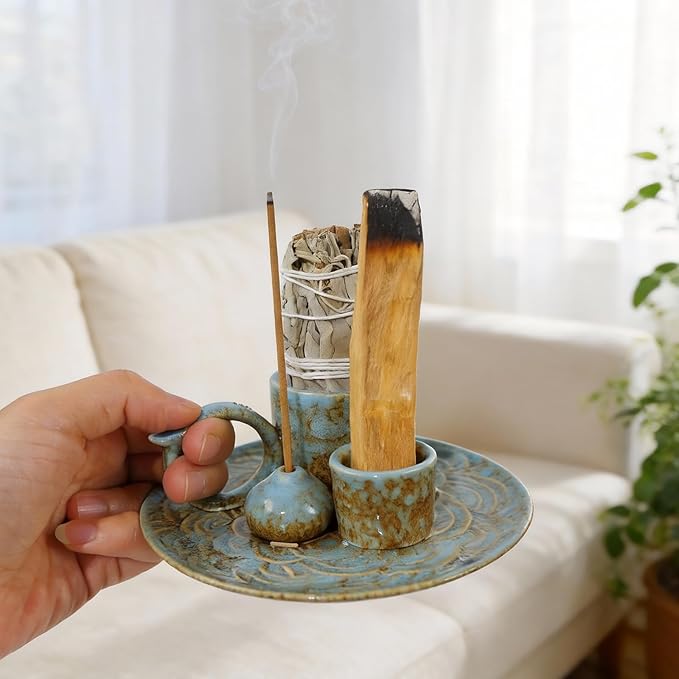 4-in-1Blue Ceramic Palo Santo Burner Holder - Small Incense Burner & Smudge Tray Bowl for Incense Sticks/Cones & Sage - Ideal for Meditation Rooms,Zen and Aromatic Scents - Matches Compatible
