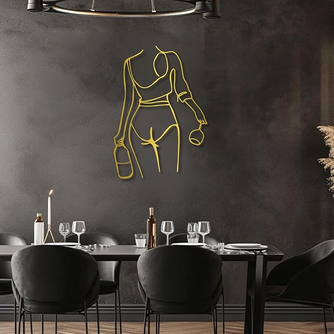 Metal Wall Art Woman Drinking Wine, Gold 23.6"x16.9",Modern Minimalist Abstract Line Sculpture, Feminine Wall Decor for Living Room, Dining Room, Bar, Kitchen, Perfect Wine Lover Birthday Housewarming Gift