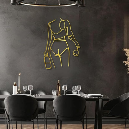 Metal Wall Art Woman Drinking Wine,Gold 30.3"x21.7",Modern Minimalist Abstract Line Sculpture, Feminine Wall Decor for Living Room, Dining Room, Bar, Kitchen, Perfect Wine Lover Birthday Housewarming Gift