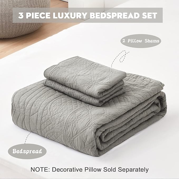 CHIXIN Oversized Cotton Bedspread King Size - Real Stitching - Luxury Quilted Bedding Cover for All Season, Reversible, Ultra Soft, Lightweight, 3 Piece, Grey