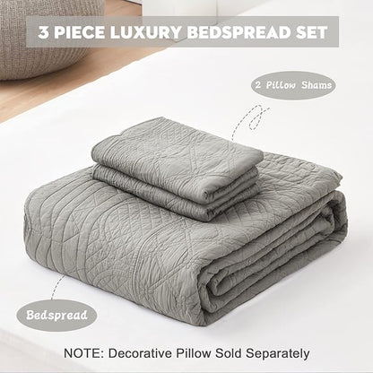 CHIXIN Oversized Cotton Bedspread King Size - Real Stitching - Luxury Quilted Bedding Cover for All Season, Reversible, Ultra Soft, Lightweight, 3 Piece, Grey