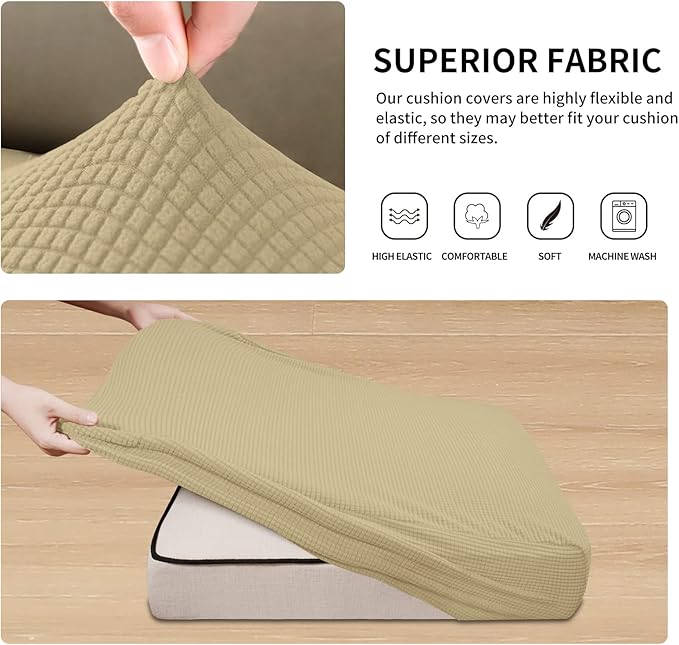 Easy-Going Stretch Individual Chair Couch Cushion Cover Sofa Cushion Furniture Protector Sofa slipcover Soft Flexibility with Elastic Bottom (3-Piece Sofa Cushion Cover, Beige)
