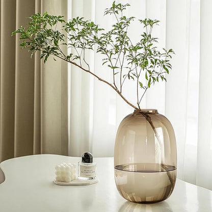 GeLive Brown Glass Vase Round Clear Colored Flower Vase for Centerpiece Long Stem Branch Fresh Artificial Plant Bottle Modern Home Indoor Decoration (Brown)