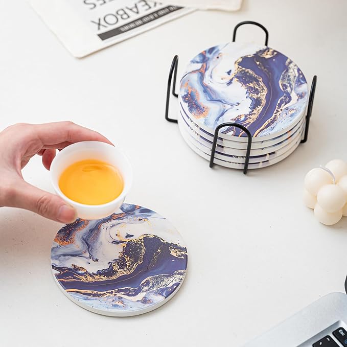Ceramic Drink Coasters Set of 6 with Holder, Modern Marble Absorbent Ceramic Coasters, Round Ceramic Table Coasters for Home Decor Coffee Kitchen (4 Inches), Sea Blue