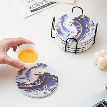Ceramic Drink Coasters Set of 6 with Holder, Modern Marble Absorbent Ceramic Coasters, Round Ceramic Table Coasters for Home Decor Coffee Kitchen (4 Inches), Sea Blue