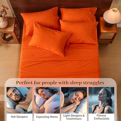 MEISHANG 100% French Pure Linen Sheets California King - Bed Sheets 4 Piece Sets, Soft Durable Flax Linen, Anti-Tear Breathable Oeko-Tex Certified with 16" Deep Pocket (Orange)