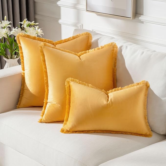 FUTEI Orange Velvet Decorative Throw Pillow Covers 26x26 Set of 2,Soft Cozy Edge with Tassels Euro Pillow Shams,Boho Modern Home Decor for Couch Bed Living Room