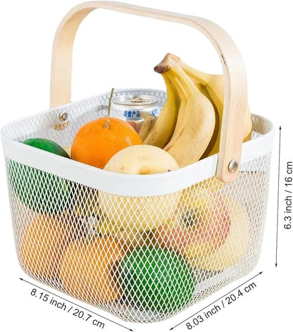 Metal Mesh Wire Basket, Small Steel Basket with Wooden Handle Storage Organizer Basket Multi-functional Hanging Kitchen Baskets Fruit Baskets for Kitchen Bathroom Cabinet Pantry Snacks, White