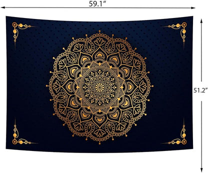Delur Mandala Tapestry Aesthetic Boho Gold Floral Medallion Tapestry Wall Hanging Bohemian Wall Art Indian Hippie Psychedelic Headboard for Bedroom Living Room Home Decor (51.2" x 59.1")