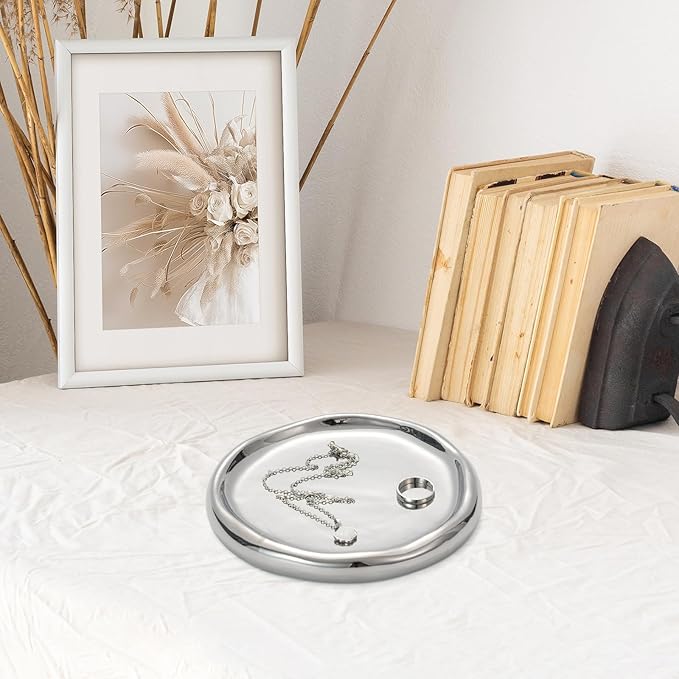 Silver Ceramic Round Jewelry Tray, Classic Round-Shaped Trinket Dish for Rings/Earrings/Keys/Perfume, Minimalist Vanity Tray & Key Tray Organizer, Gift for Mother’s Day/Birthday/Christmas
