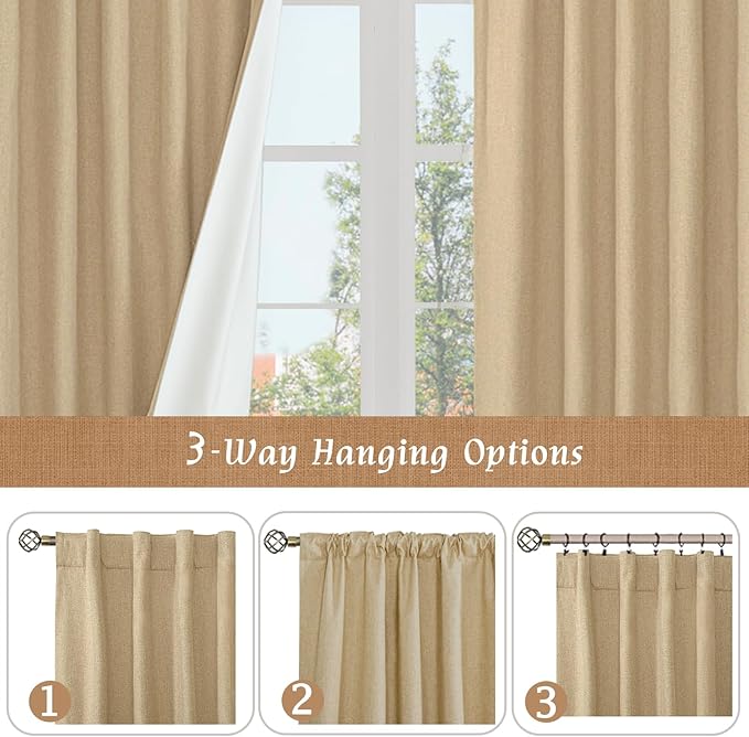 LAMIT Natural Linen Full Blackout Window Curtains for Bedroom, 54 Inches Thermal Farmhouse Curtains Back Tab and Rod Pocket Privacy Protected Burlap Panels with White Liner, 2 Panels, 52 x 54 Inch