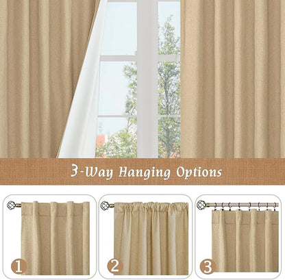LAMIT Natural 100% Blackout Linen Curtains, 63 Inches Linen Textured Thermal Bedroom Curtains Back Tab and Rod Pocket Burlap Panels with White Liner for Farmhouse, 2 Panels, 52 x 63 Inch, Burlap