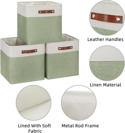 HNZIGE Foldable Storage Cubes & Baskets (3 Pack) - 13 Inch Storage Bin with Leather Handles for Toys, Clothes, Kids (White & Green)