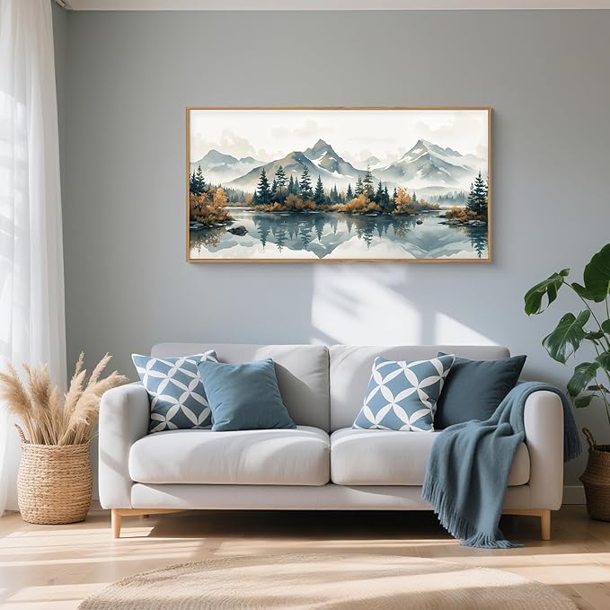 HLNIUC Winter Christmas Mountain Horizontal Wall Art Framed, Large Long White Snowy Forest Decor(20"x40"), Watercolor Nature Lake Foggy Landscape Canvas Painting for Living Room, Bedroom, Office