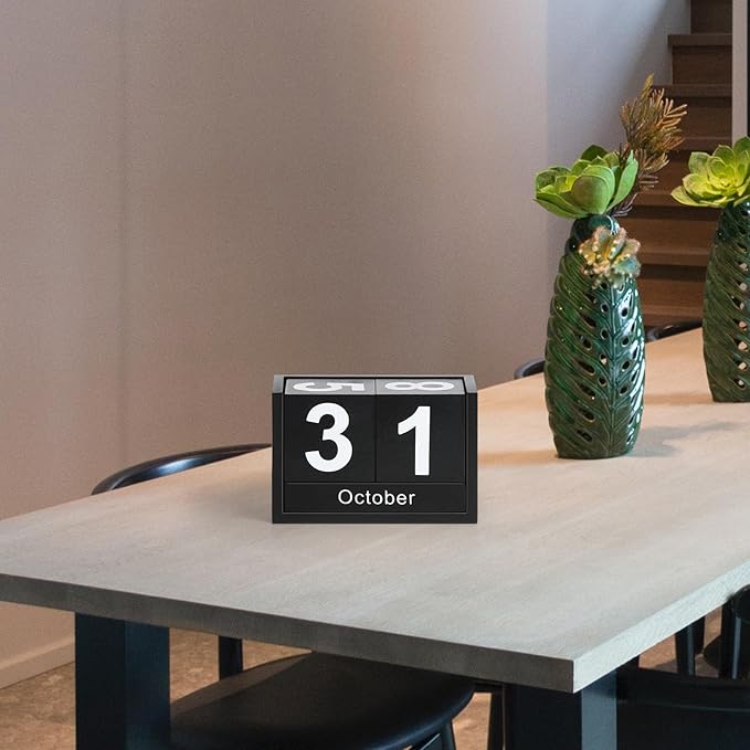 Wooden Block Calendar for Desk, Small Size Daily Desktop Perpetual Desk Calendar, Cute Date Display Desk Accessories for Home Office Decor, Teacher, Classroom, Reusable Yearly, Black