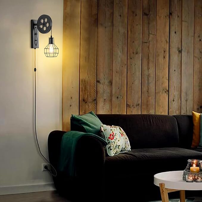 Plug in Wall Sconce Rustic Wall Light Lift Pulley Matte Iron Cage Shade Metal Black Industrial Mid Century Wall Lamp Indoor Lighting Barn Restaurant