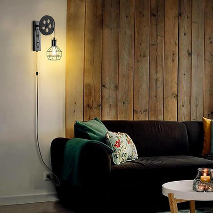 Plug in Wall Sconce Rustic Wall Light Lift Pulley Matte Iron Cage Shade Metal Black Industrial Mid Century Wall Lamp Indoor Lighting Barn Restaurant