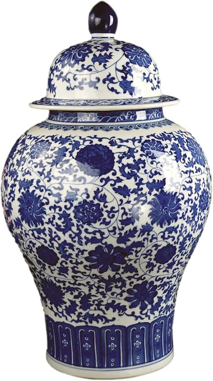 24" Classic Blue and White Floral Porcelain Ceramic Temple Ginger Jar Vase, Large China Qing Style (Blue and White 24-5)