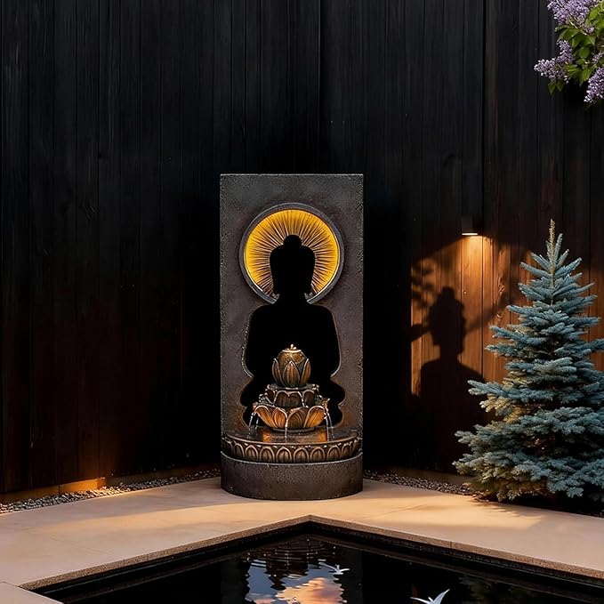 35.43" Zen Buddha Outdoor Fountain with Hollow Center — Zen Fountain Waterfall Feature for Garden, Patio & Yard — Soothing Sound, Warm LED Lights, Durable Weather-Resistant Decor