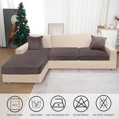 Sectional Couch Covers for 3-Piece Seat Cushion Velvet Separate L Shape Couch Cover Stretch Sofa Slipcover with 2 Pieces Pillowcases Furniture Protector (Sofa 2 Seater + 1 Chaise, Coffee)